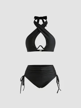 Conjunto de Bikini con Sujetador de Aros y Cuello Halter en Color Liso