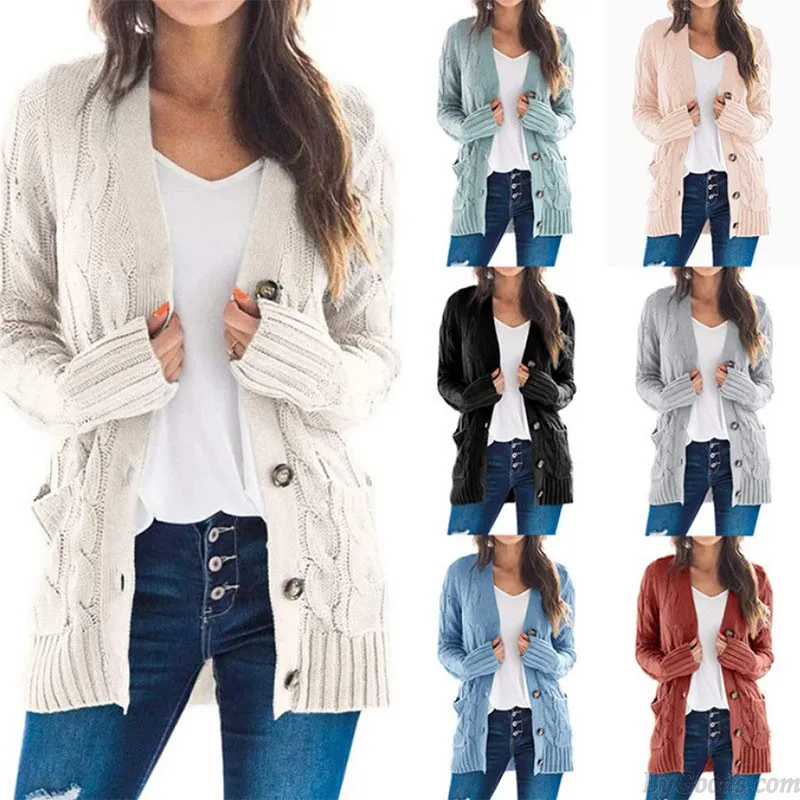 Fashion Women's Open Front Twist Sweaters Button Long Sleeve Chunky Knit Outwear Winter Coats Cardigan