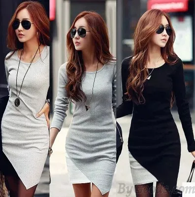 Irregular Hem Long Sleeve Bottoming Dresses 