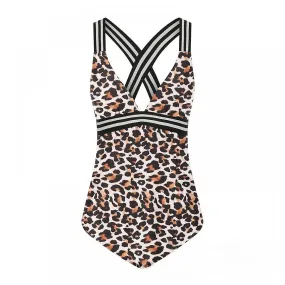 Leopard Fanciable 1-piece Bikini, Black and White Striped Cross Shoulder Strap, Womens V Strappy Front (M)