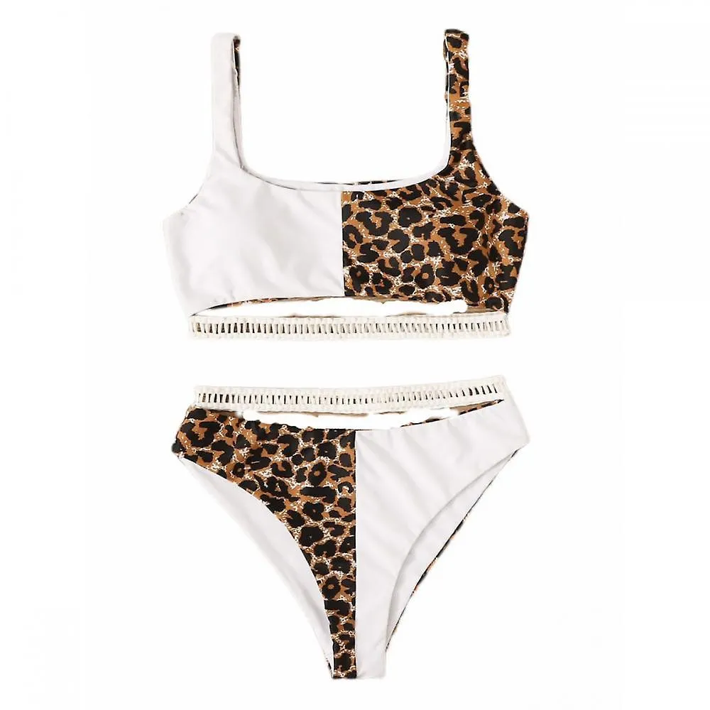 Leopard White Color Contrast Sexy Split Triangle High Waist Bikini Underwaist Swimsuit for Holiday (L)