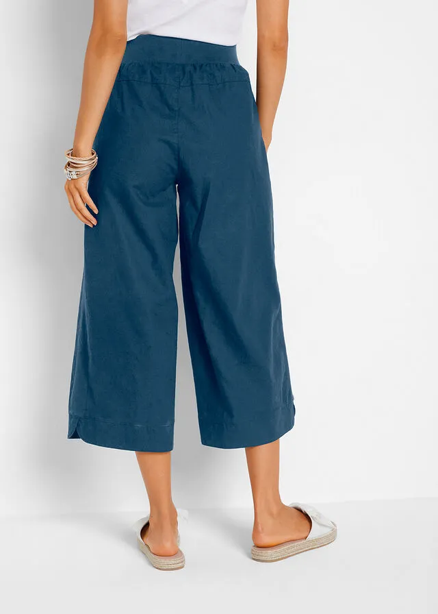 Pantalón holgado de lino con cinturilla cómoda y largo capri Azul marino