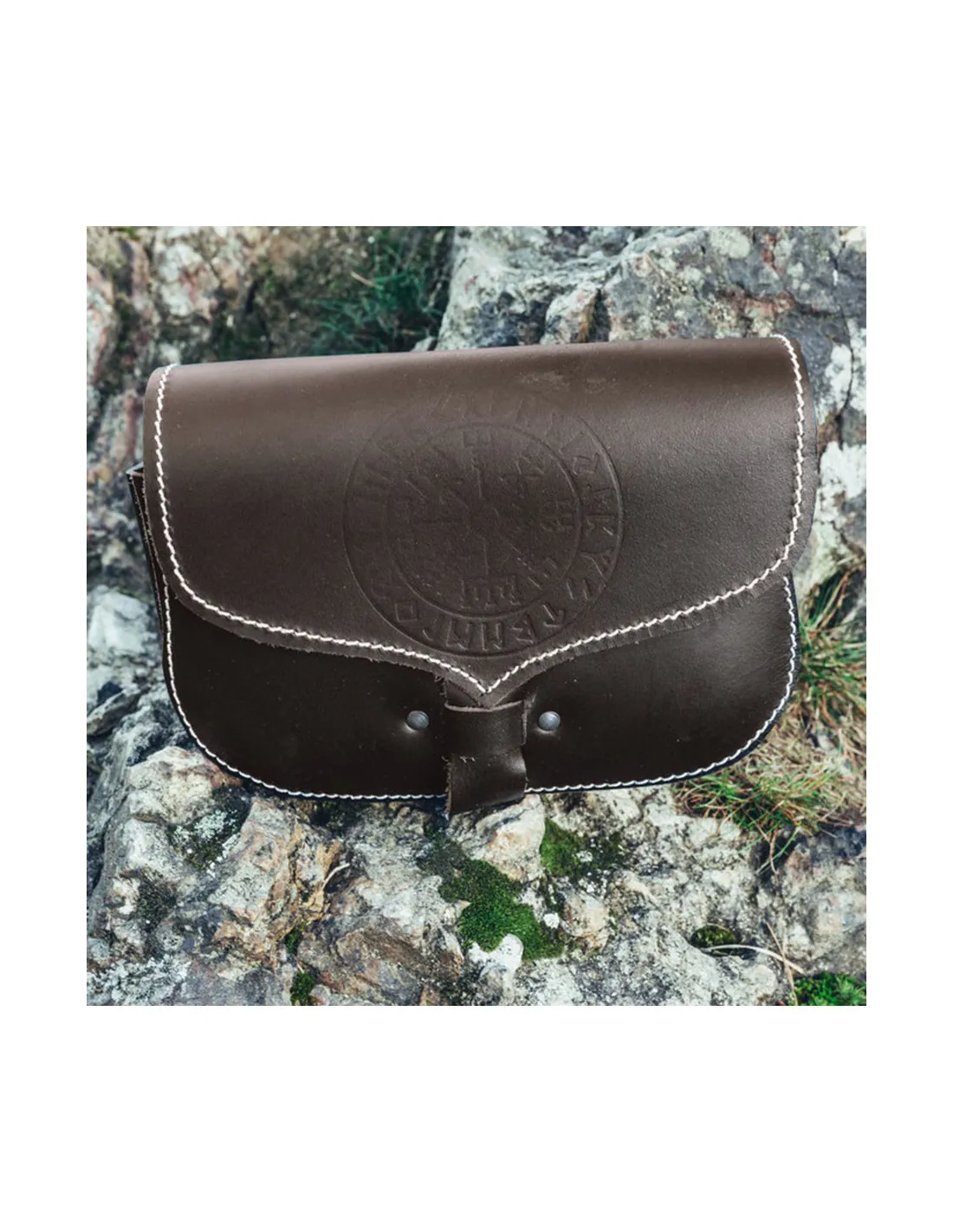 Riñonera vikinga de cuero Folkvar con Vegvisir marrón