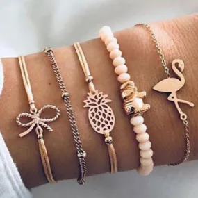 Unique Flamingo Pineapple Bow Elephant Bead Bracelet Five Piece Set Bracelet