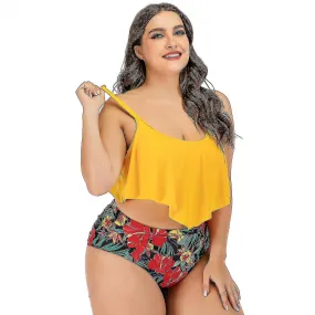 Women's Printing Ruffle High Waist Plus Size Split Swimsuit Bikini Beachwear